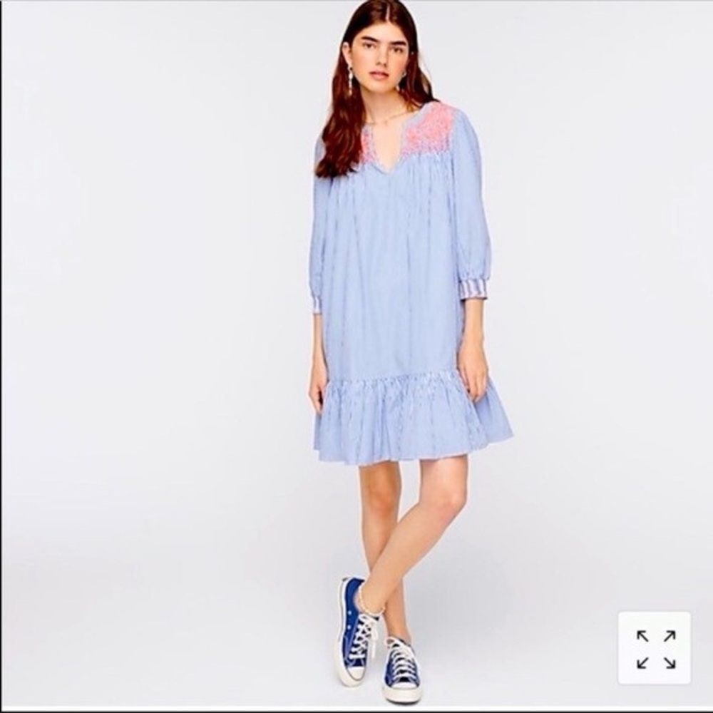 J. Crew Leda Blue Stripes dress with peach embroidery, Size M